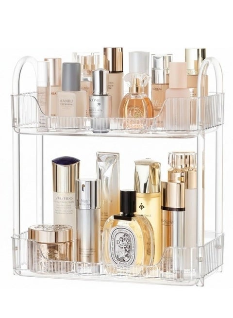 منظم مكياج أكريليك شفاف بطبقتين – رف تخزين مستحضرات التجميل والعناية بالبشرة – منظم عطور وكريمات وسيروم وزجاجات العناية – تصميم أنيق موفر للمساحة – مناسب لطاولة التسريحة والحمام وغرفة النوم – سهل التنظيف ومتين للاستخدام اليومي 30*17 سم